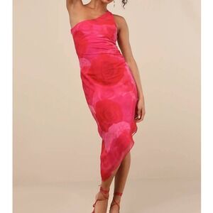 NWT Lulus Pretty Serene Pink Floral One-Shoulder Midi Dress – Size Small